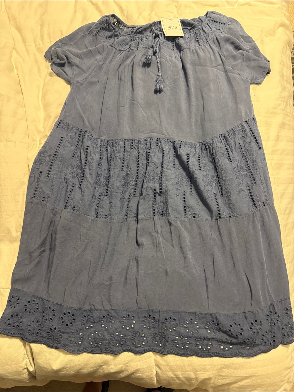 NWT - B28 - Light Blue Embroidered Tiered Midi Dress with Tassel Tie - Large